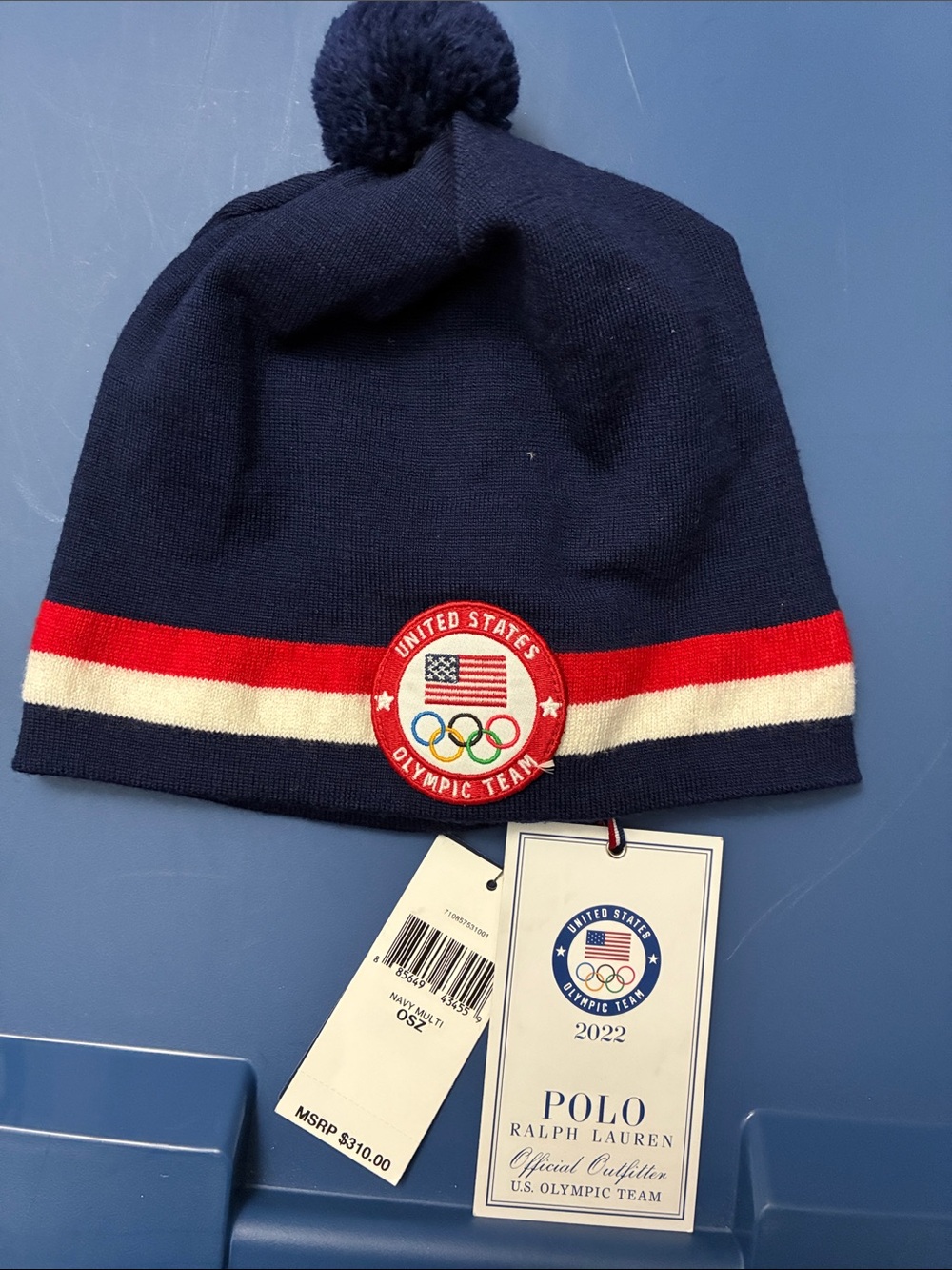 Polo by Ralph Lauren Navy Beanie with Red and Cream Stripes